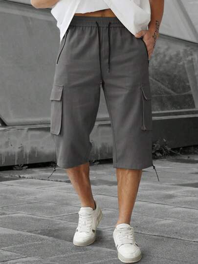 Manfinity Homme Men's Drawstring Waist Solid Color Cargo Shorts With Pockets