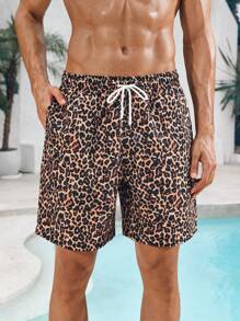 Manfinity Swimmode 1 Stück Herren Urlaubs Leopard Grafik Muster Kordelzug Elastischer Taille Weite Passform Strand Shorts Bade Shorts, für Strand, Urlaubspaar Partnerlook Badebekleidung, Hawaii