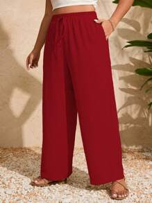 SHEIN Holidaya Plus Size Solid Color Knotted Belt Pocketed Casual Pants Fall Cloth For Women - Red - View 1