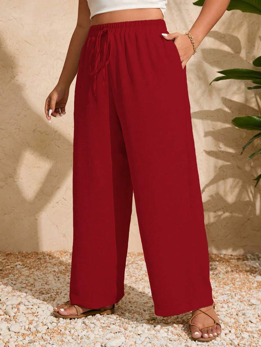 SHEIN Holidaya Plus Size Solid Color Knotted Belt Pocketed Casual Pants Fall Cloth For Women - Red - View 1