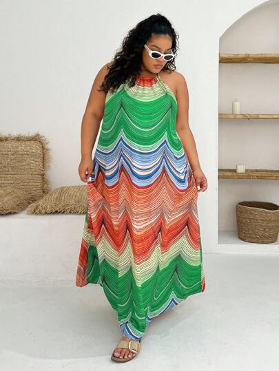 SHEIN SXY 加大尺碼女士新款夏季休閒印花寬鬆多色長款夏威夷無背心連衣長裙