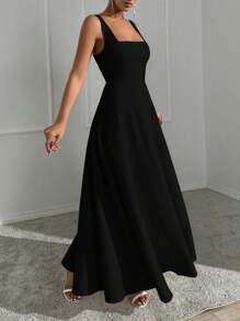 SHEIN Jewel-Embellished Square Neck White A-Line Sleeveless Dress