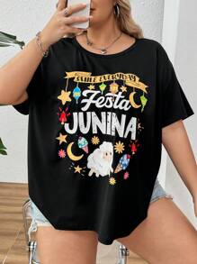 SHEIN CURVE+ Áo thun in chữ hoạt hình vui nhộn cỡ lớn mùa hè - màu đen - Xem 7