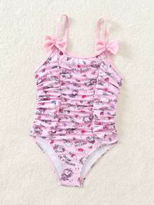 少女一件式泳衣，印有卡通獨角獸圖案和蝴蝶結裝飾 - 彩色 - 查看 5