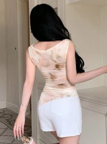 DAZY 女士夏季性感休闲网纱扎染设计圆领无袖背心上衣 - 彩色 - 查看 5