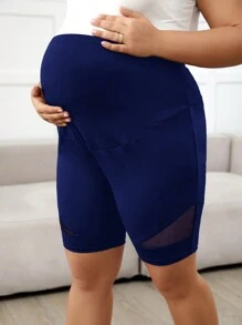 SHEIN Maternity Plus Size High Waist Mesh Panel Solid Color Stretchy Short Leggings
