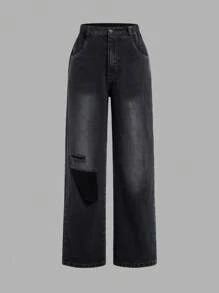 Teen Girl Casual Street Style Short Sleeve Dark Punk Pattern Printed T-Shirt And Distressed Wide Leg Jeans Two-Piece Set - Black and White - View 6