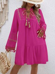 Breezaya Plus Size Holiday Leisure Lace & Woven Belt Splicing Notched Neck Fringed Dress - Hot Pink - View 1