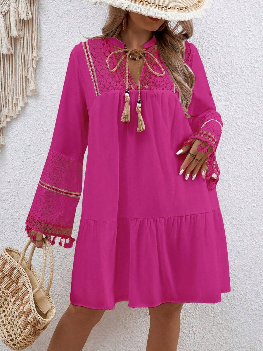 Breezaya Plus Size Holiday Leisure Lace & Woven Belt Splicing Notched Neck Fringed Dress - Hot Pink - View 1