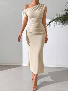 Calvaya Women's Solid Color Asymmetrical Neckline Waist Pleated Mermaid Hem Slim And Elegant Dress