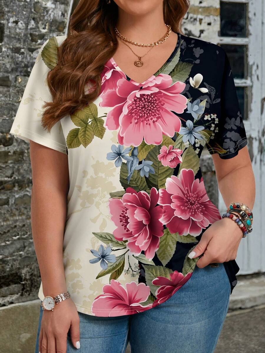 大尺碼夏季休閒拼色花卉V領T卹 - 杏色 - 查看 1
