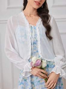 Seusyu Ladies' Solid Color Sheer Outerwear And Printed Dress, Simple Everyday 2-Piece Set - Blue - View 5