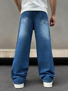 男士時尚直筒撕裂牛仔褲，街頭潮流必備款 - 中等水洗藍 - 查看 2