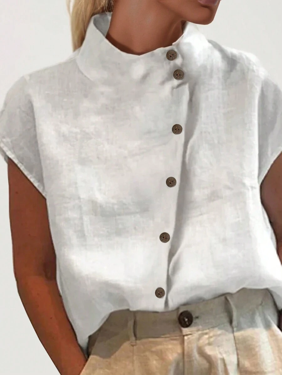 SHEIN Clasi Women's Solid Color Stand Collar Shirt,Short Sleeve Tops