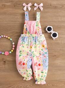 SHEIN Baby Girl Cute Floral Patchwork Jumpsuit With Detachable Bowknot For Summer - Multicolor - View 1
