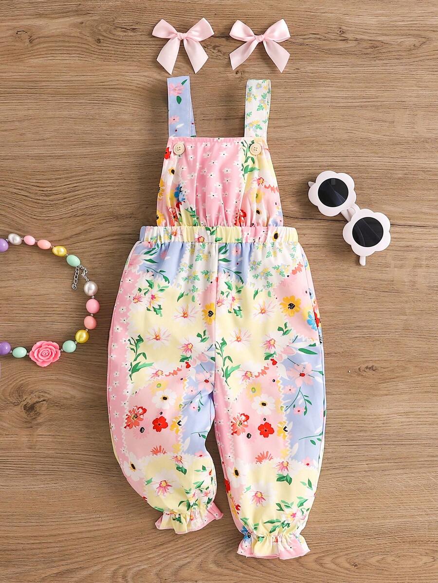 SHEIN Baby Girl Cute Floral Patchwork Jumpsuit With Detachable Bowknot For Summer - Multicolor - View 1