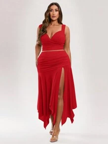 SHEIN BAE Plus Size Women's Summer Vacation Solid Color Green Asymmetrical Hem Slit Skirt - Red - View 7