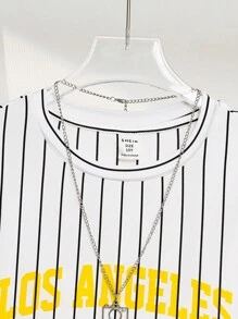 SHEIN Tween Boy Street Style Letter Printed Striped Crew Neck Short Sleeve T-Shirt And Solid Knit Shorts Two-Piece Casual Set - Yellow - View 3