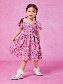 HELLO KITTY AND FRIENDS | SHEIN 少女可愛印花短袖A字裙，適合夏季穿著 - 粉色 - 查看 9