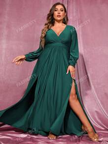Faeriesty Plus Split Thigh Overlap Collar Bishop Sleeve Slit Thigh Dress