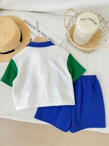 SHEIN Baby Boy's Color Block Collar Short Sleeve Pullover Top And Casual Shorts Set - Multicolor - View 2