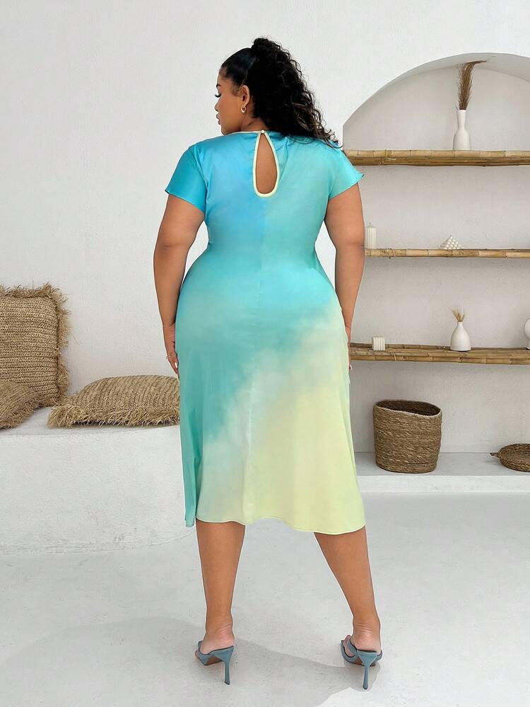 Plus Size Tie-Dye Satin Cap Sleeve Dress