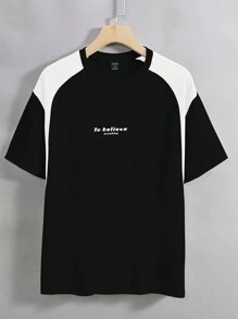 Manfinity Hypemode Men's Slogan Printed Color Block Casual Short Sleeve Summer T-Shirt - Black - View 3