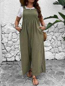 SHEIN LUNE Mono de peto de unicolor cómodo para mujer talla grande para otoño - Verde - Ver 4