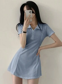 DAZY Vestido corto de verano para mujer de manga corta y unicolor con decoración de botón, vestidos casuales para mujer