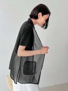 FRIFUL Women's Solid Color Round Neck Sleeveless Mesh Top With Tie And Pocket Sheer - Black - View 4