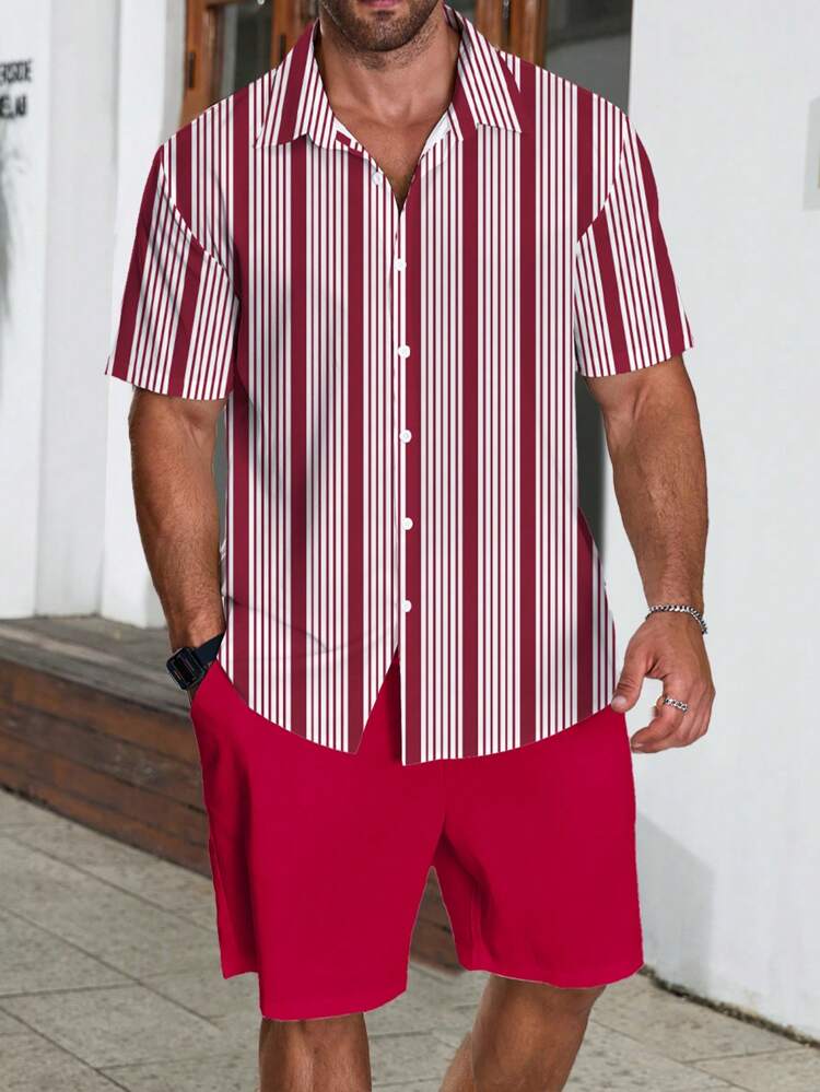 Men's Plus Size Striped Printed Short-Sleeved Shirt With Front Buttons And Solid Color Shorts With Pockets, Casual Summer 2pcs Outfit