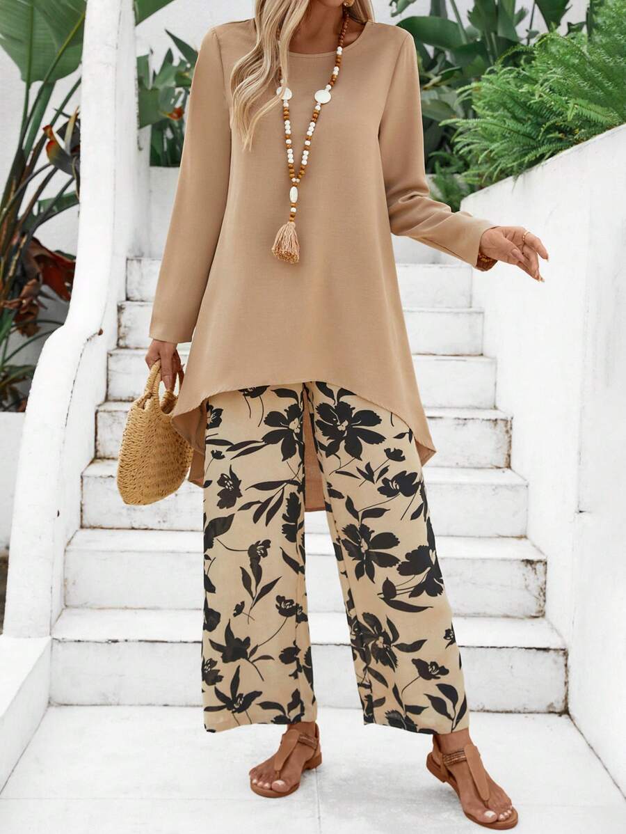 EMERY ROSE Nữ Ngày Lễ Màu Trơn Cổ Tròn Tay Dài Cao-Thấp Trên Và In Hoa Quần Áo 2 Bộ - Màu Khaki - Xem 1