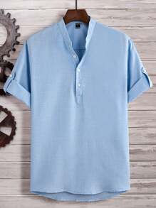 Manfinity Homme Loose Fit Men's Half Button Roll Up Sleeve Shirt - Baby Blue - View 1