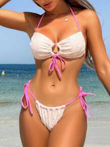 SHEIN Swim Bộ bikini dây yếm màu tương phản gợi cảm cho kỳ nghỉ hè của phụ nữ - Màu Hồng baby - Xem 2