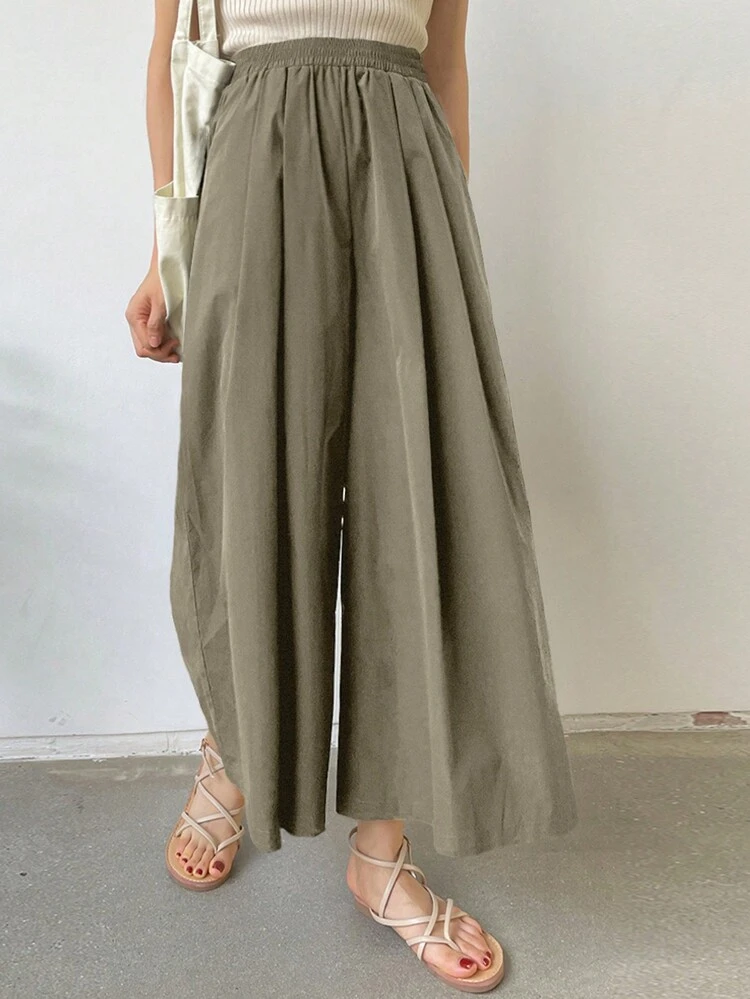 Women's Pleated Design Elastic Waist Wide Leg Pants