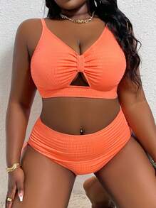 Conjunto de bikini de talla para mujer, de unicolor, con pliegues,, para la playa de verano - Naranja Quemada - Ver 3