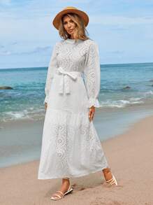 RueChic Embrodery Belt Detail Long Dress - White - View 6