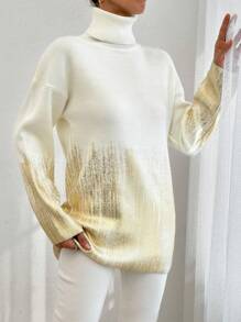 EURMUSE Round Neck Long Sleeve Metallic Coat Sweater - White - View 4