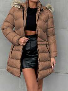 EURMUSE Women's Hooded Spliced Padded Coat Jacket - Rust Brown - View 1