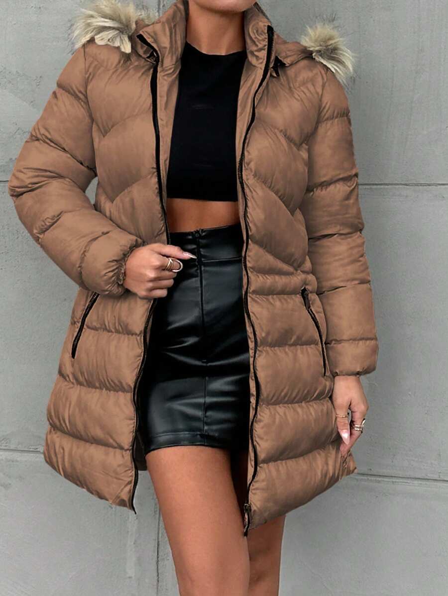 EURMUSE Women's Hooded Spliced Padded Coat Jacket - Rust Brown - View 1