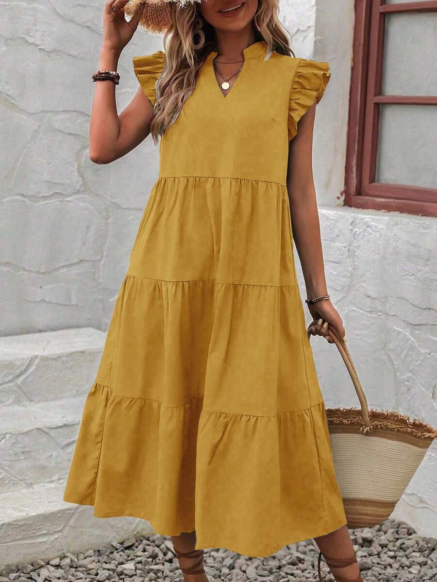 EMERY ROSE 女式宽松休闲夏季连衣裙，V 形缺口和荷叶边细节，长款女装