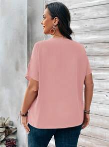 EMERY ROSE Plus Size Women's Orange Button Embellished Short Sleeve Shirt For Spring - Pink - View 2