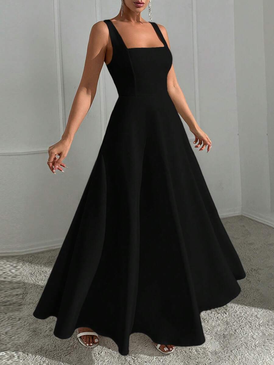 SHEIN Jewel-Embellished Square Neck White A-Line Sleeveless Dress