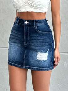 RueChic MINI DESTROYED HIGH WAIST SKINNY SKIRT - Dark Wash - View 2