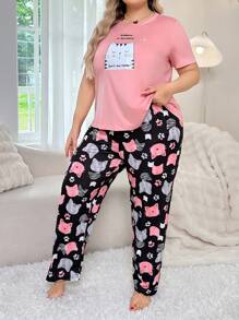 SweetSlumber Cute Cat Printed Short Sleeve Long Pants Pajamas Set - Baby Pink - View 3