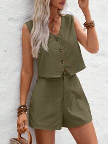 Wildy Women's Summer V-Neck Button Down Vest Shirt, A-Line Hem Shorts, Vintage Cotton Linen Casual Vacation Outfits 2pcs/Set - Army Green - View 4