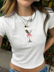 SHEIN EZwear Áo thun Martini Vintage Baby | Áo thun Cocktail | Áo thun nơ ruy băng satin màu hồng cho bé | Quần áo phong cách thập niên 90 | Áo thun Y2K cho bé - trắng - Xem 1