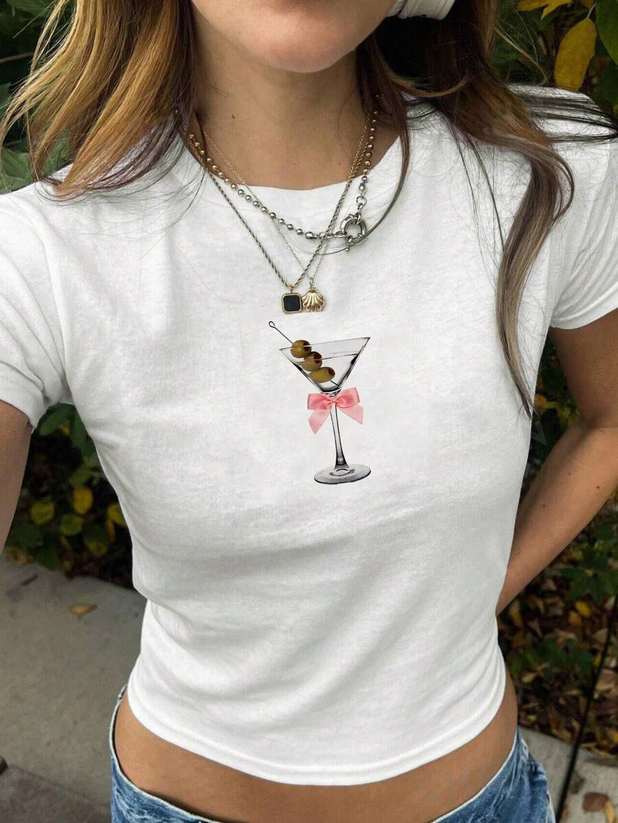 SHEIN EZwear Áo thun Martini Vintage Baby | Áo thun Cocktail | Áo thun nơ ruy băng satin màu hồng cho bé | Quần áo phong cách thập niên 90 | Áo thun Y2K cho bé - trắng - Xem 1