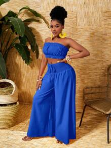 Slaydiva Summer Solid Color Strapless Ruffle Top And Wide Leg Pants Vacation 2pcs Set