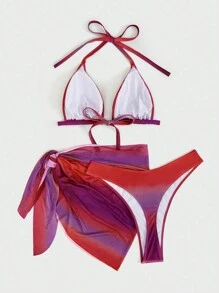 SHEIN Swim Curve Conjunto de bikini talla grande, estampado aleatorio para la playa de verano